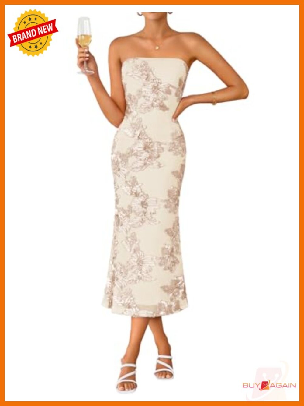 ZESICA Strapless Floral Midi Dress Bodycon Cocktail Wedding Guest